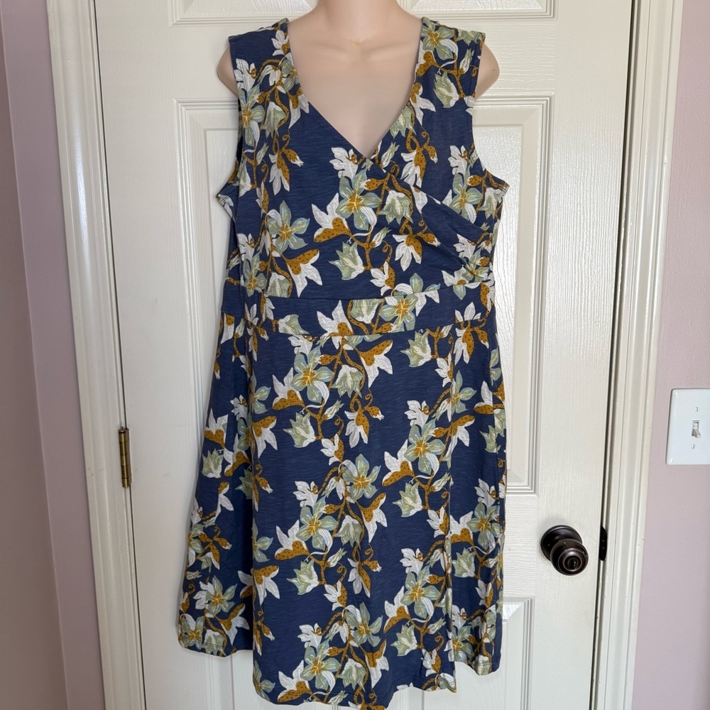 Patagonia Navy Floral Midi Dress with White and Mustard Accents